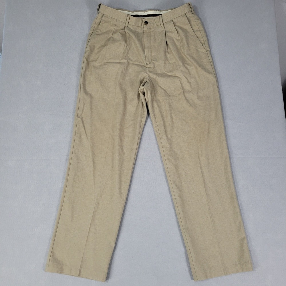 Haggar Trousers Pants Mens Size 36x32 Khaki Linen Blend Pleated Straight Fit